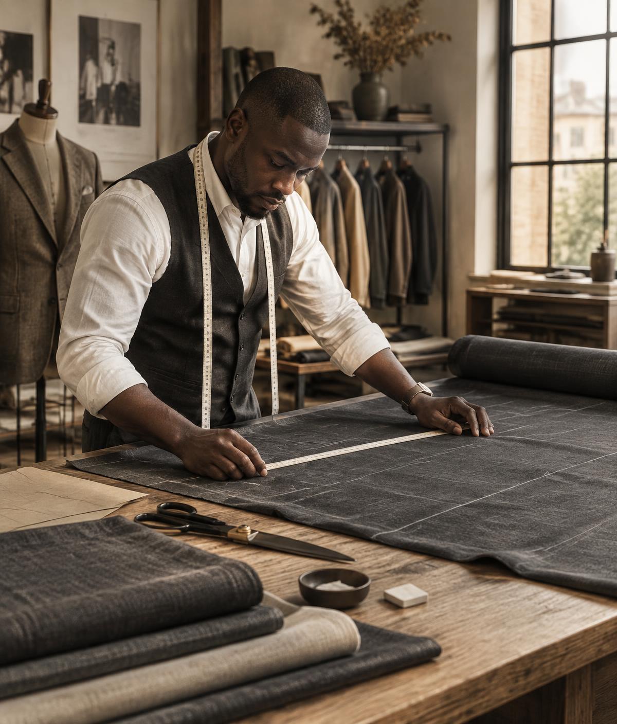 A master tailor carefully measuring charcoal fabric in his atelier